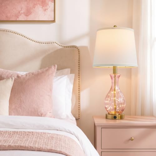 Pink Glass Table Lamps with Fairy Lights for Bedroom Nightstands - Set of 2