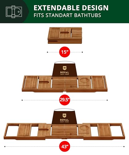 Brown Expandable Wooden Bathtub Caddy with Book & Wine Glass Holders