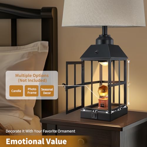 Lovlast 25-Inch Farmhouse Black Table Lamps Set of 2 with USB & Night Light