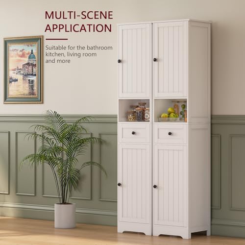 Tall Bathroom Cabinet with 5 Shelves & Drawer - White, Adjustable Storage
