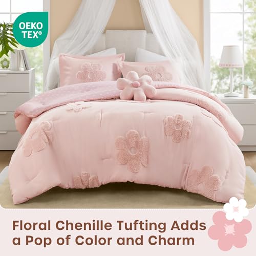 Kids Pink Floral Comforter Set - 4 Piece Queen Bedding with Polka Dot Reverse - Pink Variation
