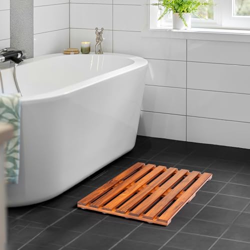 Realgulf 21x14 Inch Teak Shower Mat Non-Slip Solid Wood Bath Mat Foldable