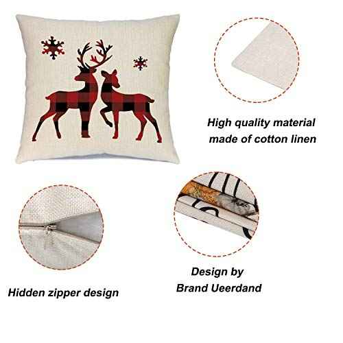 Ueerdand Christmas Decorations Pillow Covers 18¡¿18 Set of 4 Black and Red Xmas Farmhouse Buffalo Plaid Truck Throw Pillow Case for Holiday Home Sofa Couch