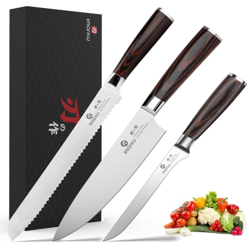 Imarku Pakkawood Brown 3-Piece Japanese Chef Knife Set with High Carbon Stainless Steel