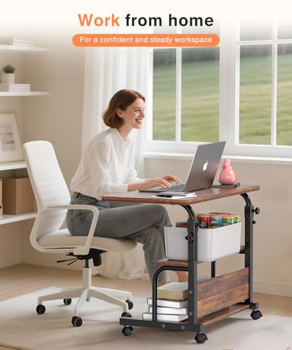 Rustic Adjustable Height Rolling Desk with Storage Shelves - 32-Inch Computer & Drafting Table for Home Office