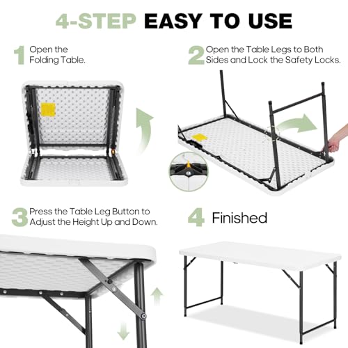 GlowitLian 4ft Folding Table with Adjustable 2-Level Height, Portable Picnic & Indoor Outdoor Use, White