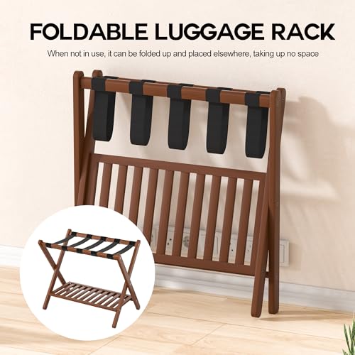 Natuvite Chestnut Brown Foldable Bamboo Luggage Rack Set of 2 with Storage Shelf