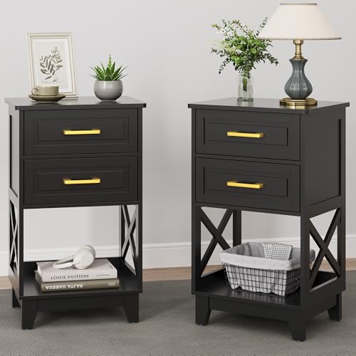 May in Color Nightstand Set of 2 with Open Shelf and Drawers, 30-Inch Tall Bedroom End Tables (Black, 18"Lx14"Wx30"H)