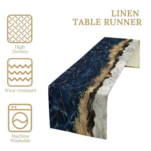 DKMQQUL Marble Table Runner 13x36 Inch Navy Blue Gold Abstract Art