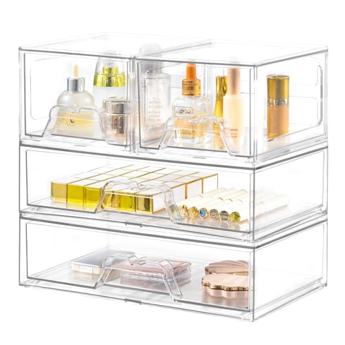Stackable Clear Acrylic Makeup Organizer Drawers - 2 Middle + 2 Wide