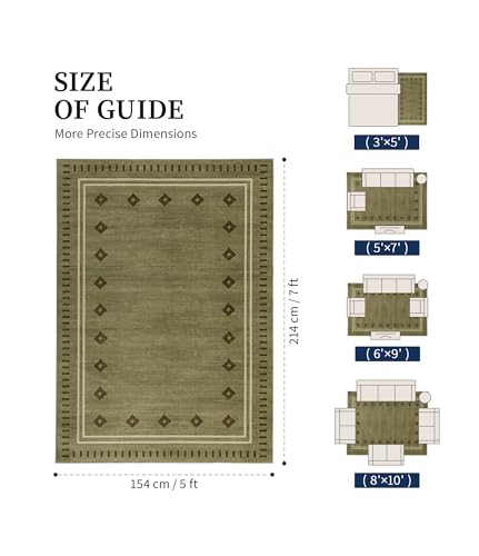 Green Diamond Bordered Bedroom Rug 5x7 - Non-Slip Washable Farmhouse Carpet for Living Room & Dining