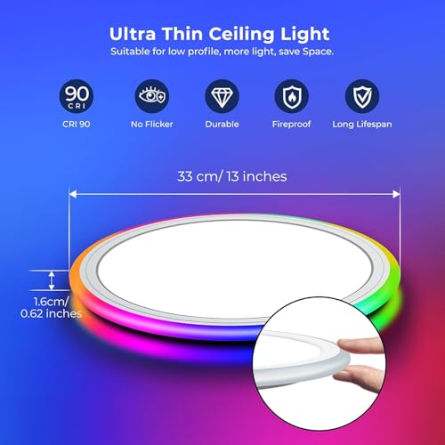 BLNAN 13 Inch Smart RGB LED Flush Mount Ceiling Light with Remote, Dimmable Color Changing Fixture, Alexa Google Compatible