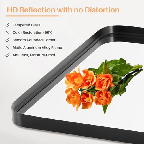 Modern 30x22 Inch Black Metal Framed Bathroom Mirror - Rounded Rectangle Wall Mirror with Anti-Rust Tempered Glass