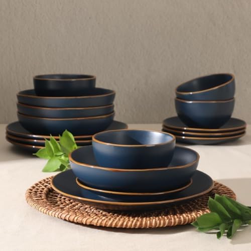 Navy Blue 16-Piece Stoneware Dinnerware Set with Plates & Bowls - Service for 4
