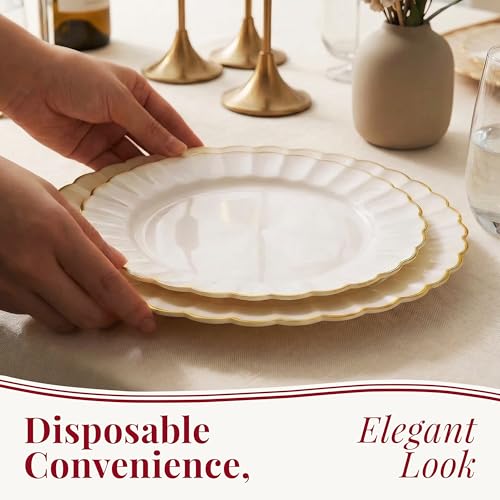 Madee Heavyweight Ivory Gold Scalloped Disposable Plates Set for Party 60 Pc - Variation of Ivory & Gold
