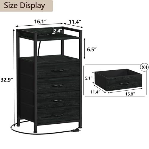 Furnulem Night Stand with Charging Station & LED Lighting, Black Oak, 4 Drawers