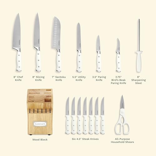 White 15-Piece Knife Set with Block - High Carbon Stainless Steel, Forged, Triple Rivet