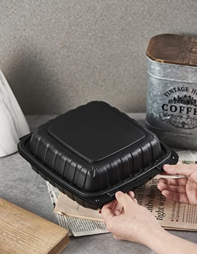 FULING 8x8-Inch 3-Compartment Disposable Food Trays with Secure Snap Lid - 50 Pack, Heavy Duty Takeout Containers, Model FW-883B-3C
