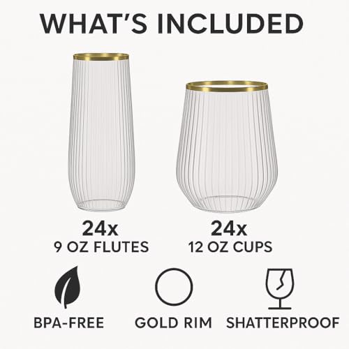 Oojami 48 Pack Plastic Champagne Flutes & Wine Glasses Set Gold Rim