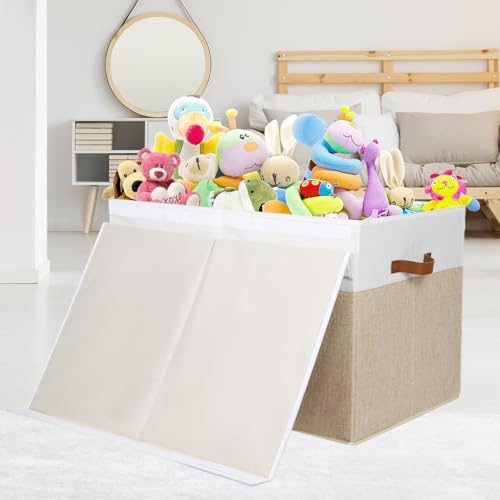 Large Toy Storage Box with Lid and Divider - 26x17x17 Inches Beige White