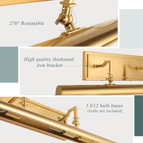 BELS Bronze 24 Inch Hardwired Picture Light for Wall Art with 270° Rotatable Arms, E12 Base, 3-Light Artwork Illumination (Excludes Bulbs)