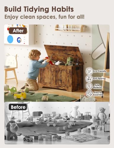 Wooden Toy Storage Chest - Rustic Brown 31.5 Inch with Safety Hinges