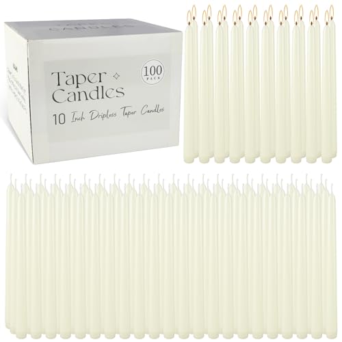 10-Inch Ivory Taper Candles Set - Unscented, Dripless, Smokeless, 100 Pack