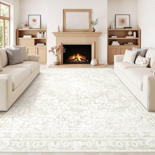 Aoyaomi Cream Beige 8x10 Vintage Boho Area Rug - Distressed Floral Indoor Carpet