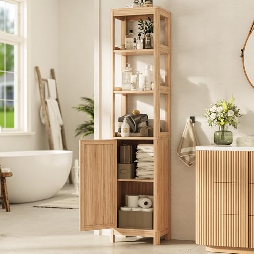INNOD Model-A 68-Inch Narrow Bathroom & Kitchen Tall Storage Cabinet with Adjustable Shelves, Natural Oak Finish