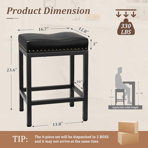 GRUSIGN Black 24 Inch Set of 2 Counter Height PU Leather Bar Stools with Footrest