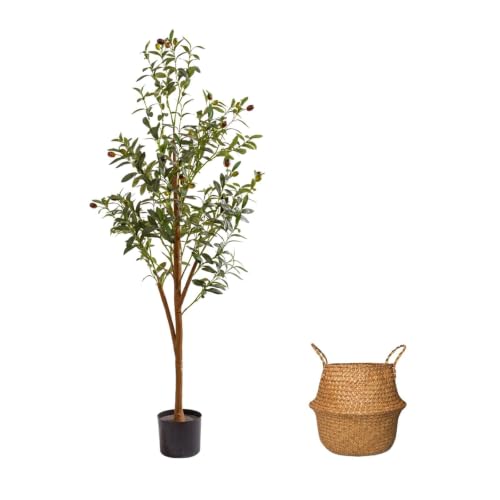 4Ft Artificial Olive Tree with Moss & Basket - Indoor Faux Tree, Realistic Greenery