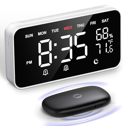 Dekala Bed Shaker Alarm Clock for Heavy Sleepers - White, Dual Alarm, Large Display, Auto Dimmer, Temp & Humidity, 7-Day Programmable, Gift Idea