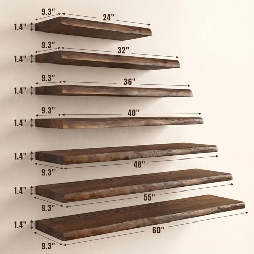 Vintage Weathered 32-Inch Live Edge Floating Shelves Set of 2 - Solid Elm Wall Shelves