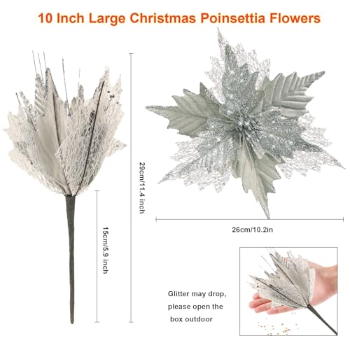 Stadeco Silver 10-Inch Christmas Glitter Poinsettia Flowers Decorations, 10 Pcs