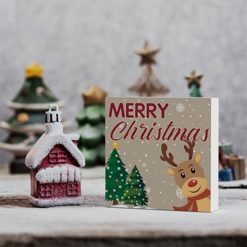 Reindeer Merry Christmas Sign Christmas Decorations for Home Office Desk Table Shelf 5 x 5 inch