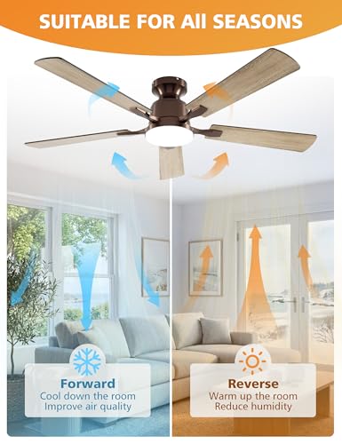 52 Inch Ceiling Fan with Lights - Brown Flush Mount, Remote & App Control, Dimmable LED, Reversible & Quiet Motor