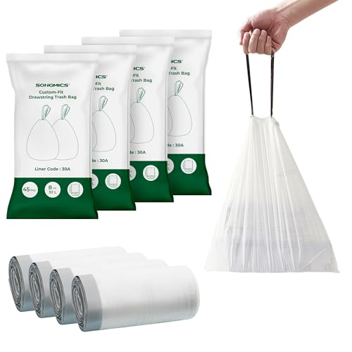 SONGMICS 8-Gallon Trash Bags Pack of 180, Heavy-Duty Leakproof Garbage Liners, 4 Rolls (30L, Bagged, 45 Count per Roll)