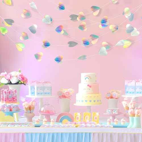 52 Feet Love-Heart Garland Shiny Iridescent Heart Streamers Holographic Paper Garland for Valentines Day Birthday Wedding Engagement Bridal Shower Bachelorette Winter Christmas Decoration