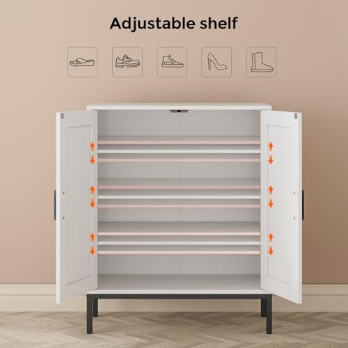 White Farmhouse Shoe Cabinet with 2 Barn Doors & Metal Legs - Homleke