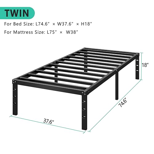 HLIPHA Twin Metal Platform Bed Frame 18 Inch Tall No Box Spring Needed Strong Support Black
