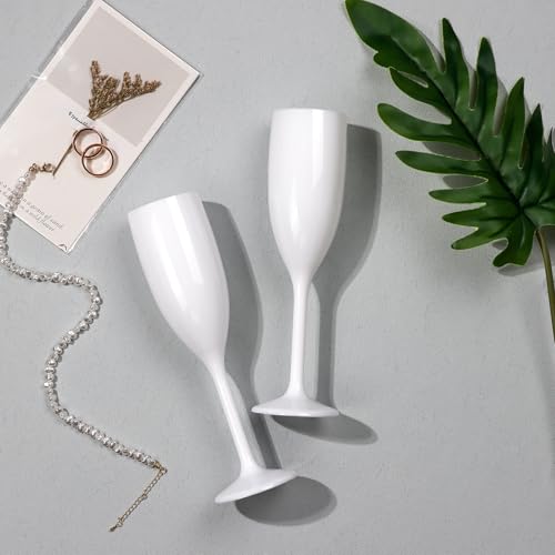 White Acrylic Champagne Flutes 5.4 OZ Unbreakable Reusable Stemmed Glasses for Christmas & Parties