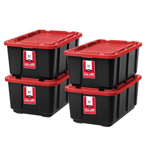 IRIS USA 4-Pack Red Heavy Duty Storage Tote Bins with Lockable Lids - 27 Gallon
