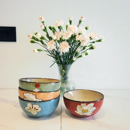 Ceramic Bowls Set of 4 - 28oz Colorful Salad, Cereal, Soup Bowls - Blue, Red, Green, Pink