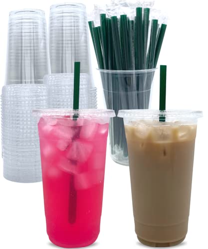 Disposable 32 oz Clear Plastic Cups with Lids & Straws - Party Drinkware Set