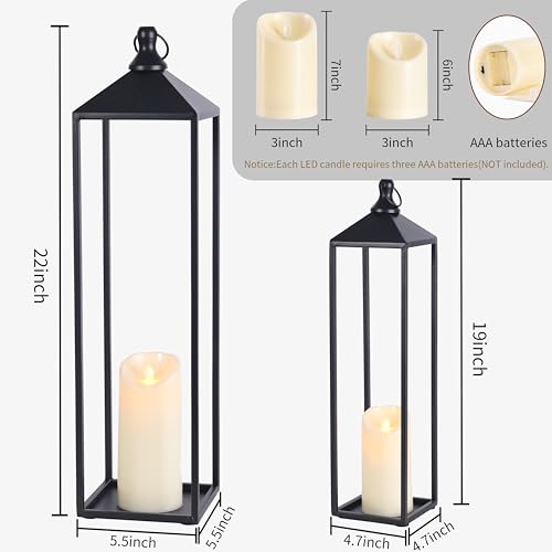 Large Outdoor Indoor Lantern Set of 2 - 22in & 19in Black Modern Top Flameless Candles