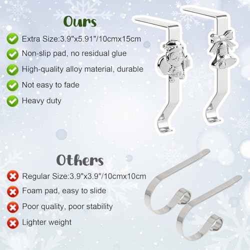 Christmas Stocking Holders, 4 Pack Xmas Stocking Holders Hangers for Mantel Fireplace Metal Stocking Hooks Stand for Christmas Party Decoration, Silver