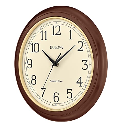 Large Bulova Atomic Time 2 Wall Clock - 12.4" Classic Wooden Frame, Auto Time Set