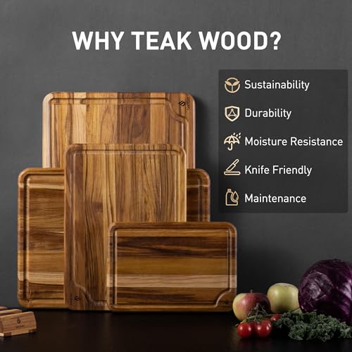 Multi-Size Teak Cutting Board Set - 4-Pack with Holder, Non-Slip Base