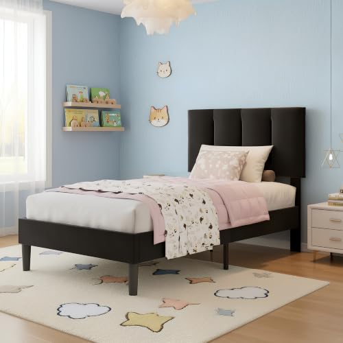 VECELO Twin Size Bed Frame with Upholstered Headboard - Black, 2-Black