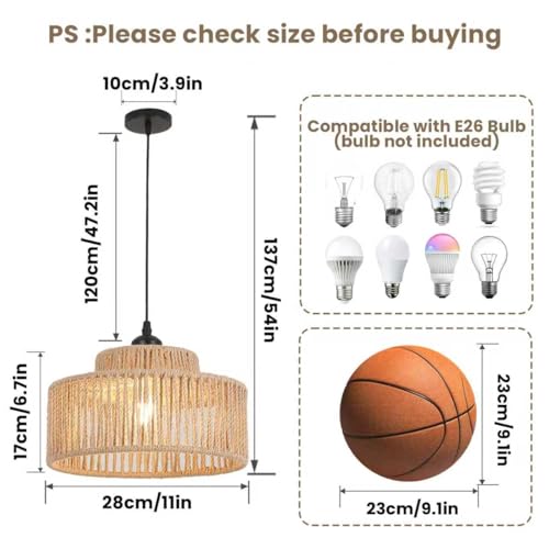 Brown 2-Pack Rattan Pendant Light - 11 Inch Handmade Woven Wicker Chandeliers for Kitchen & Living Room - Small Basket Hanging Light Fixture